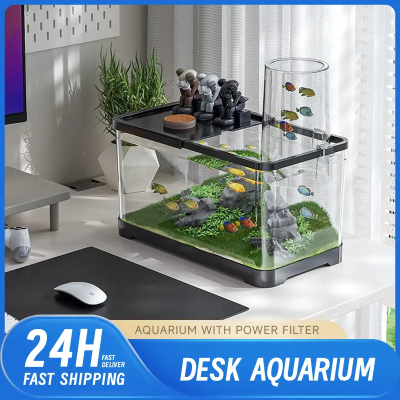 Aquarium Desktop Fish Tank, Entry-level starter kit made of AS plastic, featuring an LED light and a water pump.Self-Sustaining Mini Ecosystem Aquarium