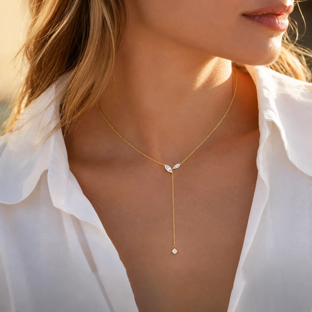Long Gold Necklace for Women Dainty Layered Lariat Necklace | 14k Gold Plated Teardrop CZ Y Shaped Drop Necklaces Cute Long Necklace for Women Trendy Prom Formal Womens Jewelry