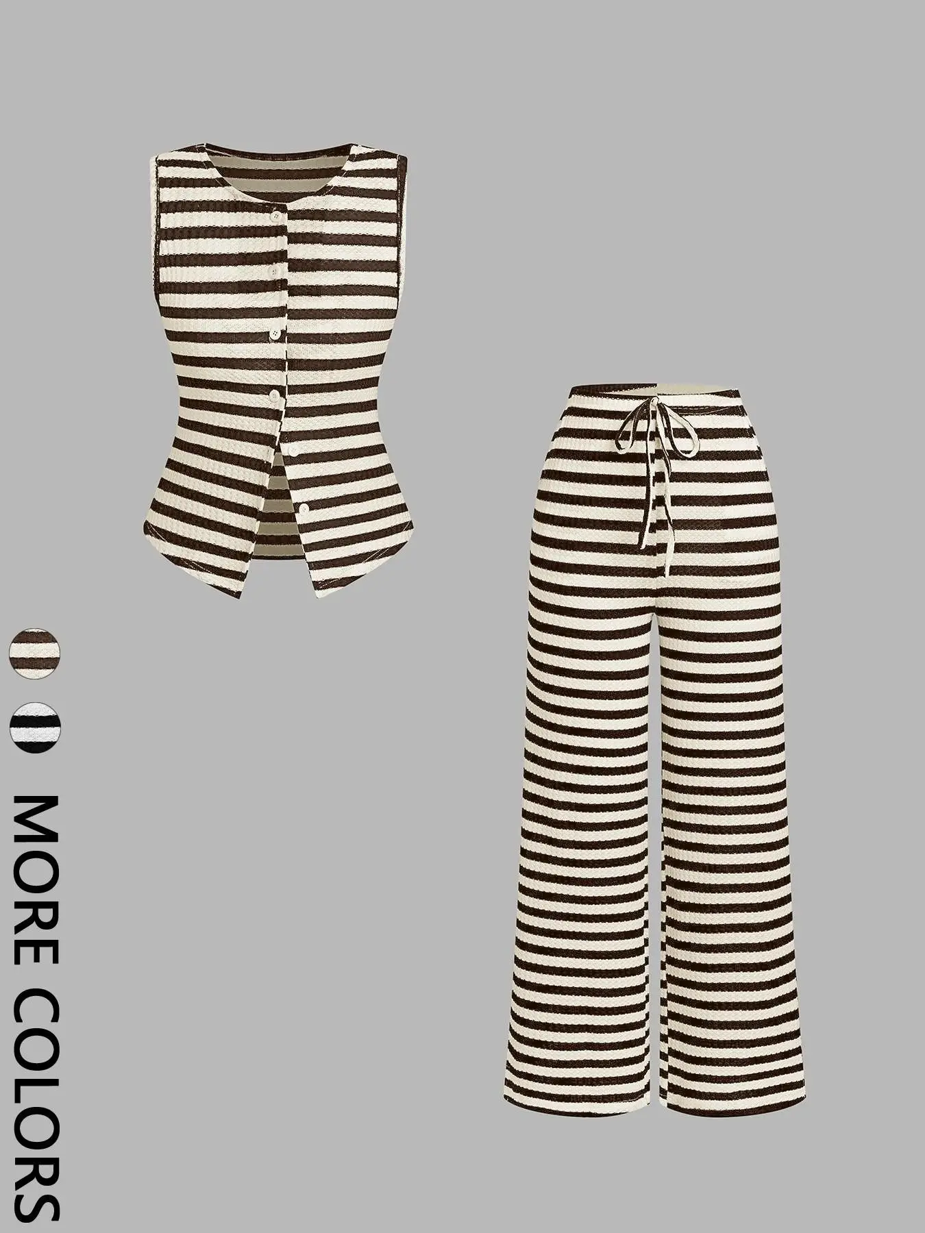2-Piece Set Round Neck Sleeveless Striped Vest + Wide Leg Pants, Fashion Casual Slimming, Stylish and Comfortable, Striped Knitted Set