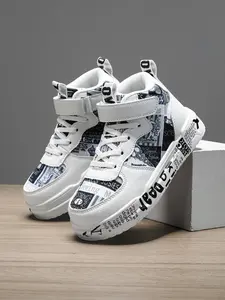 2026 New Kids High-Top Skate Shoes — Boys’ trendy letter-print casual shoes, girls’ Velcro non-slip athletic shoes, versatile student walking shoes for all seasons
