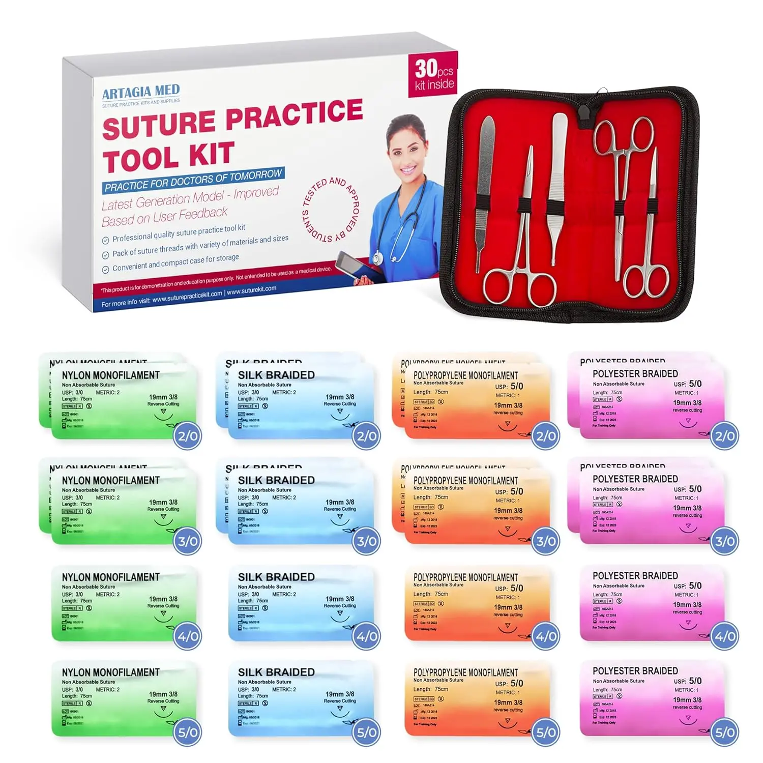 Suture Tool Kit and Threads with Needle | High Grade Stainless Steel Instruments Perfect for Suture Practice | Including Suture Training Video
