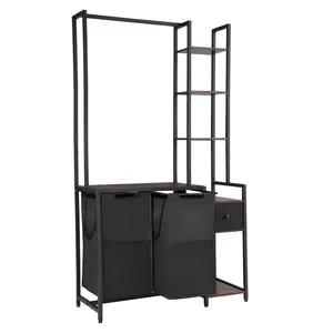 VEVOR 3-Tier Laundry Organizer, Carbon Steel Tall Laundry Sorter with 2-Section Hanging Rack, Waterproof 600D Oxford Cloth Bags, Ladder Shelves, Drawers and Storage Shelves for Dirty Clothes
