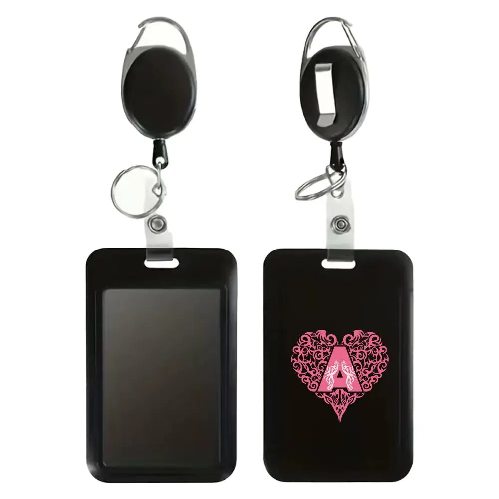 Plastic Id Holders for Badges with Retractable Buckle, Multifunctional Work Badge Reels Retractable Storage Sleeve, Lanyard Included, 26 Letter Pattern Design, Retractable Badge Holders