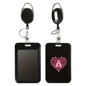 Plastic Id Card Holder with Retractable Buckle, Multifunctional Work Badge Reels Retractable Storage Sleeve, Lanyard Included, 26 Letter Pattern Design, Retractable Badge Holders