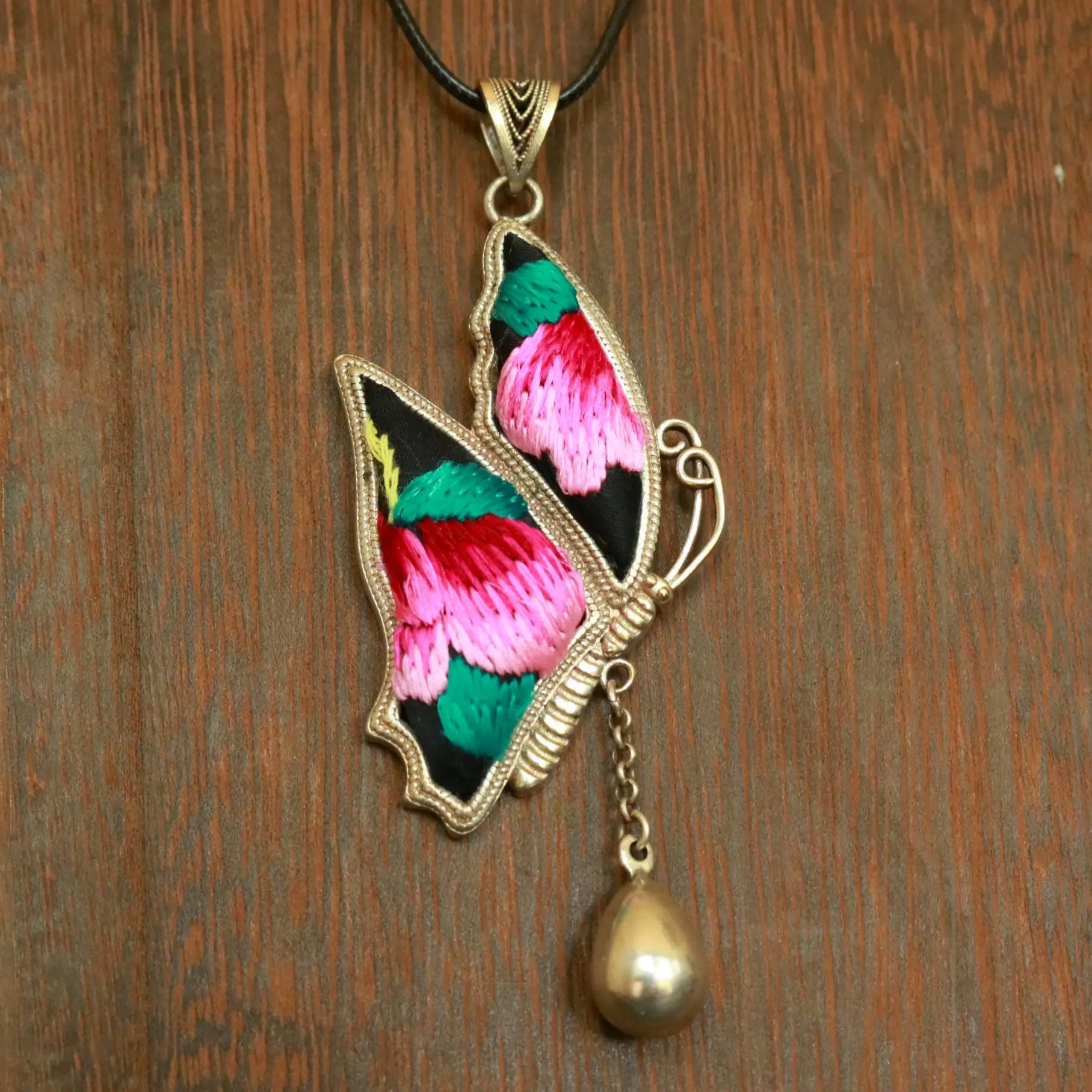 Embroidtale Hand-embroidered Butterfly Necklace - Ethnic Hmong Crafted Vintage Silver-plated Bronze