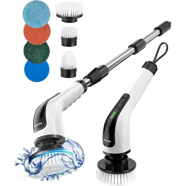 Cordless Electric Spin Scrubber with Long Handle & Chargers, Power Shower Cleaning Brush, 7 Replaceable Heads, 90mins Runtime, 3 Adjustable Sizes, 2 Speeds for Bathroom Cleaning