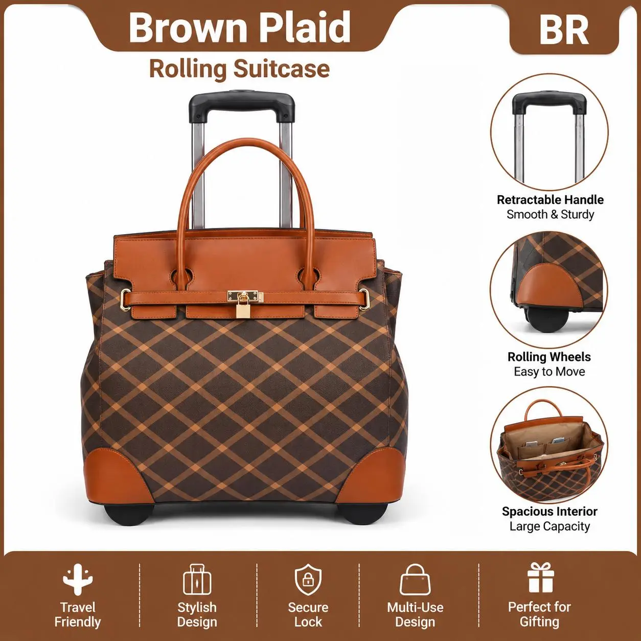 Women's Plaid Fabric Rolling Suitcase Tote Bags - Compact, Front Lock, Retractable Handle, Smooth Wheels, Structured Shape, Spacious Carry On Luggage for Creators, Daily Use, Polished Look Travel Trips
