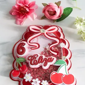 Custom Cherry Birthday Cake Topper • Glitter Shaker Topper • Personalized Party Decoration for Girls • Red & Pink Bow Cake Decoration