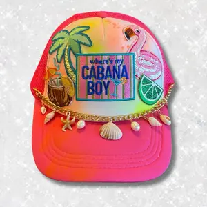 Where's My Cabana Boy Adjustable Foam Trucker Hat with Seashell Chain Tropical Design Pink Orange Gradient