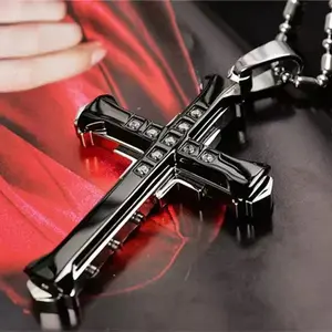 Titanium Steel Cross Pendant Necklace Inlaid withZircon Man, Classic Jewelry, Holiday Gift Bling Stylish Accessory catholic gift high quality chain