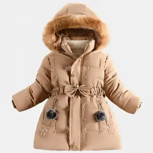 NewChildren's clothing winter Korean version fashionable girls' cotton jacket, medium and large children's fur collar hooded, medium and long style with plush cotton clothing