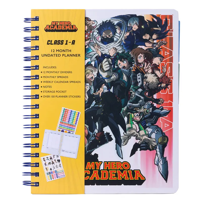 My Hero Academia Class 1-A Hero Theme Undated Day Planner - 12-Month Undated Layout, 12 Monthly Dividers, Monthly Notes, Character Art, Stickers, Paper Pages, Printed Covers, Appointment & Meeting Tracking for Adults