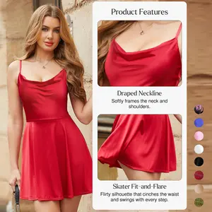 Popilush Satin Slimming Mini Cocktail Dress | Built - in Bra Square Neck Tummy Control Formal Wear Women