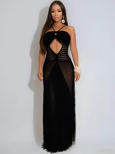 Women's Knitted Dress Slim-Fit Halter Neck, Sleeveless with Cutout Details, Sheer Solid-Color Maxi Dress. A Sexy, Waist-Cinching Knitted Dress Featuring Drawstrings and Tassels—Ideal as Beachwear, or for Parties and Nightclubs