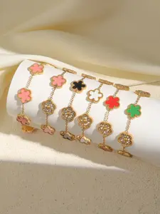 Elegant Five-Leaf Flower Stainless Steel Bracelet for Women, Plated, Perfect Gift for Anniversary, Flower Design Bracelet