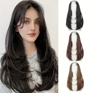 One-piece invisible seamless U-shaped long curly hair extension for women, layered heat-styled inward curl, natural hair extension patch