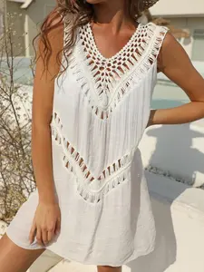 Women's Plain Hollow Out Crochet Cover Up Dress, Casual Sleeveless Cover Up for Beach Holiday Vacation, Ladies Clothes for All Seasons, Clothing, Beach Cover Ups