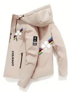 Men's Loose Casual Airplane Logo Zip Pocket Jacket, Polyester Long Sleeve Hooded Coat, Sport Style, Letter Print Design