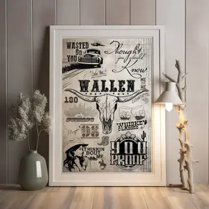 Vintage Country Music Aesthetic Wall Art - Retro Western Style Graphic Poster - Bull Skull & Whiskey Glasses Collage Wall Decor for Home Living Room Interior Design