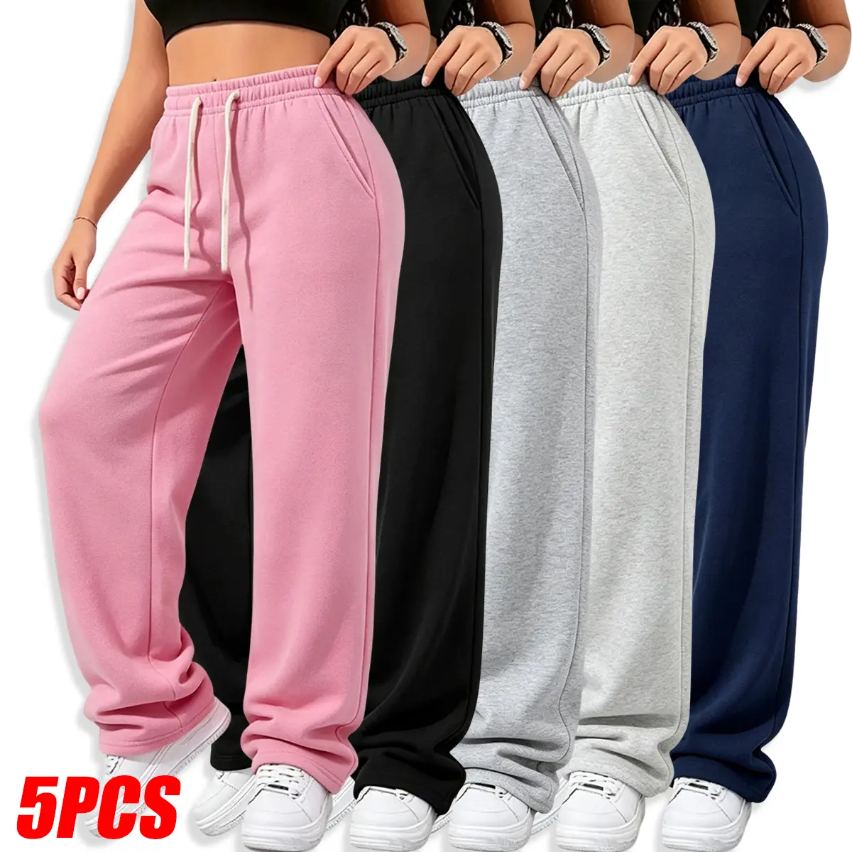 5 Pack Women's Relaxed Fit Polyester Fleece Sweat Trousers, Solid Color Wide Leg Pull On Pants, Adjustable Drawcord, Wrinkle Resistant Bottoms for Vacation, Road Trip and Hotel Stay