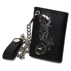 Leatherboss Genuine Leather Men Motorcycle Print Trifold Wallet Chain Biker