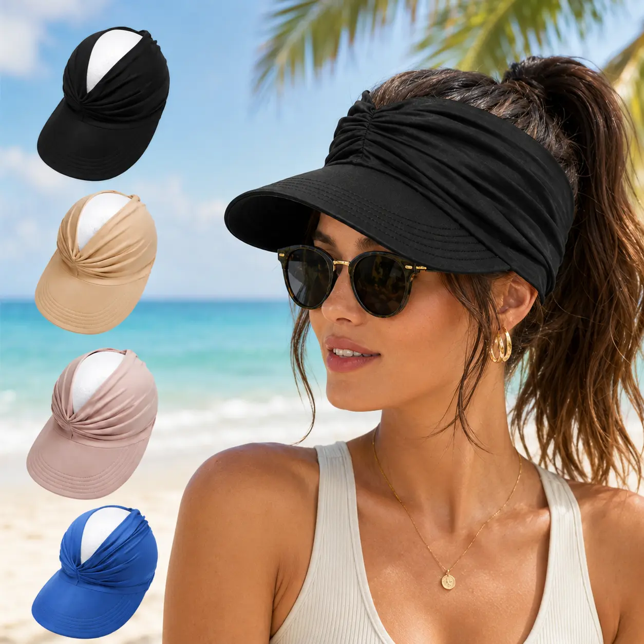 Women's Unisex Adult Wide Brim Sun Visor with Ponytail Hole - Polyester Blend, Snug Elastic, Packable, Lightweight Quick-Dry UV Protection Hat for Summer Beach, Biking, Travel Hat, Beach Trips, Universal Sport, Adventure Sports & Outdoor Hats