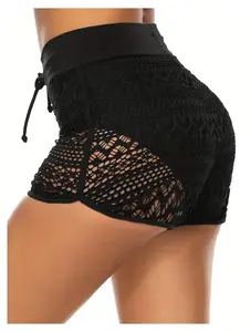 Women's Swim Shorts Black Lace - High Waisted Beach Bottoms Drawstring Ruched Cover Ups for Women  Swimwear Beachwear Vacation