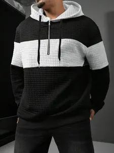 Men's Waffle Patchwork Hoodie, Half-Zip Design, Loose Fit, Casual Running Sports Sweatshirt, Comfortable and Stylish