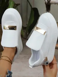 Summer New Thick Sole Loafers Casual Shoes, Solid Pattern PU Upper Material, Rubber Sole, Less Than Ankle Height, All Seasons