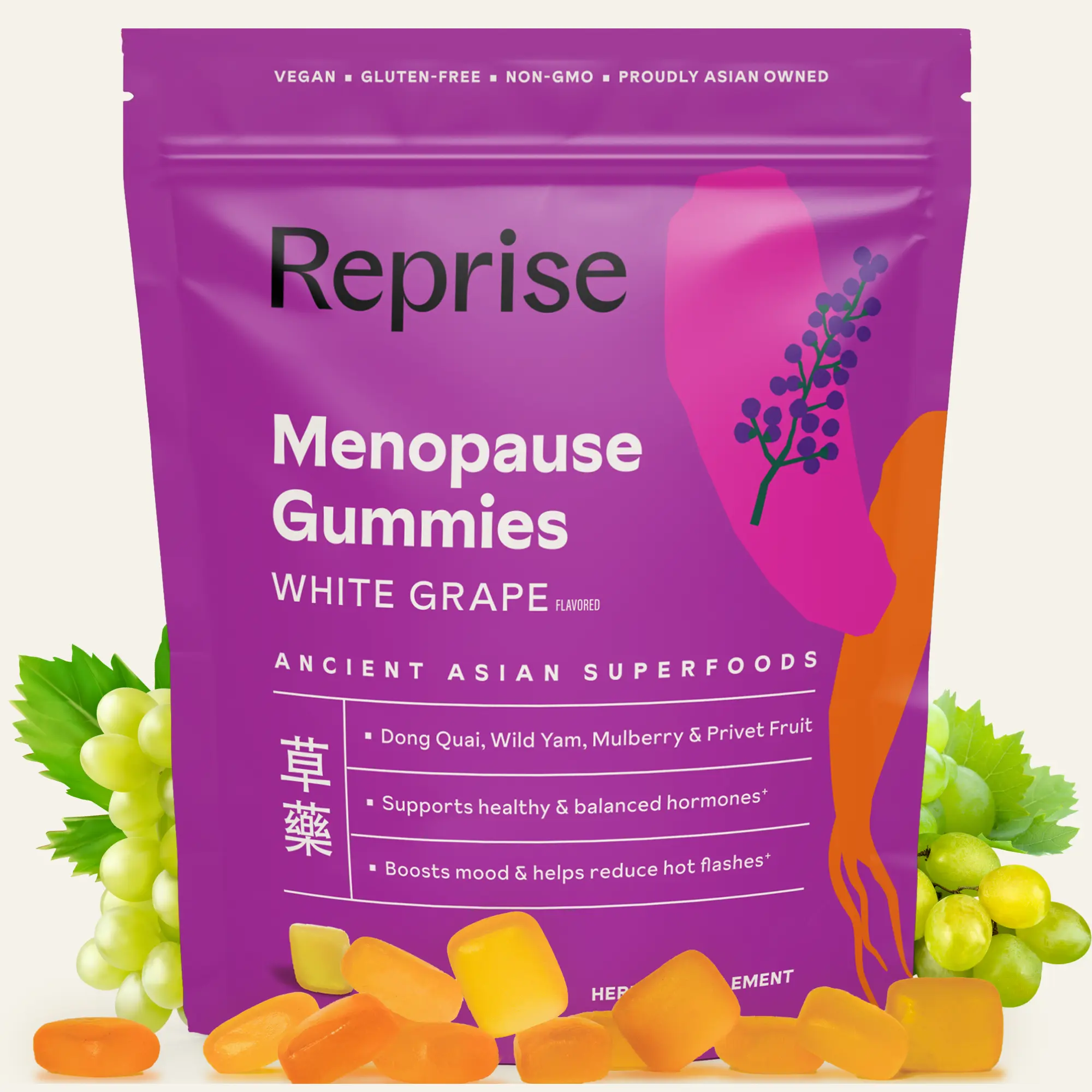 Menopause Gummies - Supports Menopause/Perimenopause - Supports healthy hormone balance - Reduces hot flashes, night sweats - Boosts mood, energy, vitality - Dong Quai, Wild Yam, Privet Fruit, Mulberry Fruit - Dietary Supplement - 60 Gummies - Reprise