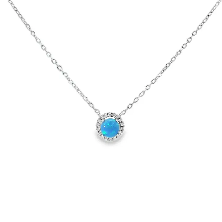 Women's Sterling Silver Blue Round Lab Opal Pendant Necklace - Fine Jewelry for Women's Fashion, Everyday Wear