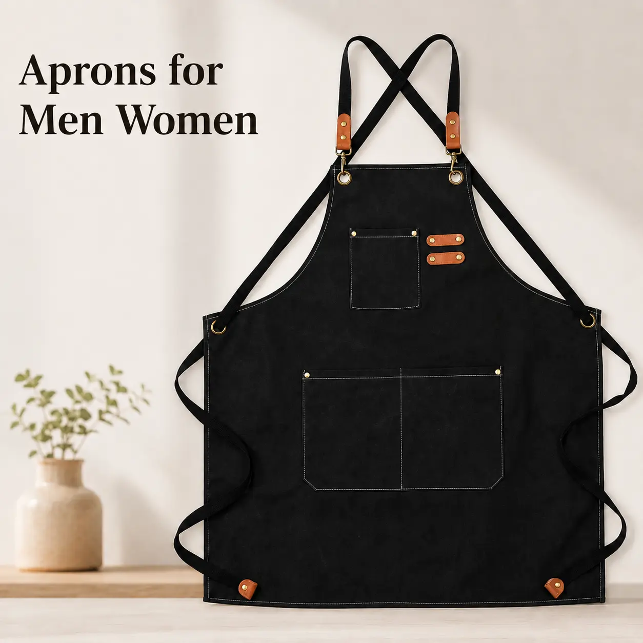 Aprons for Men Women with ，Modern Sleeveless Cotton Apron with Metal Hook & Leather Straps, Durable and Stylish, Large Capacity for Workplaces
