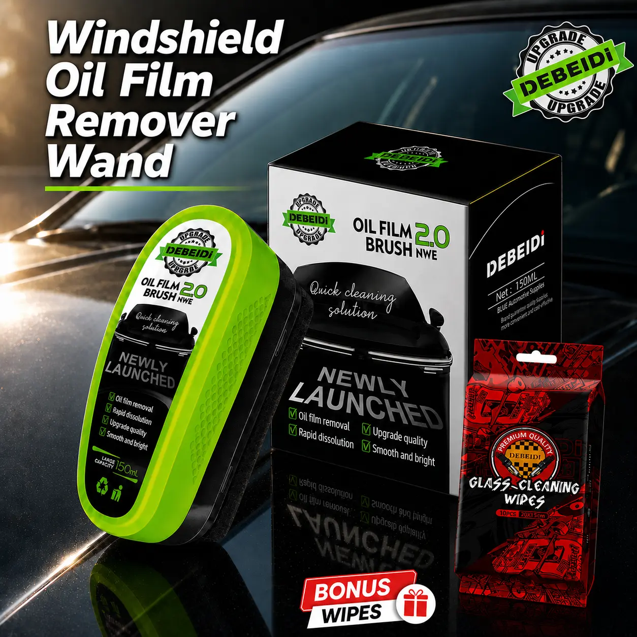 DEBEIDi Windshield Oil Film Remover Wand - 150ml Pre-Filled Car Glass Surface Cleaner with Sponge, 3-Year Durability, 1-Touch Streak-Free Tool for Driving, Visibility Improvement, Mirrors
