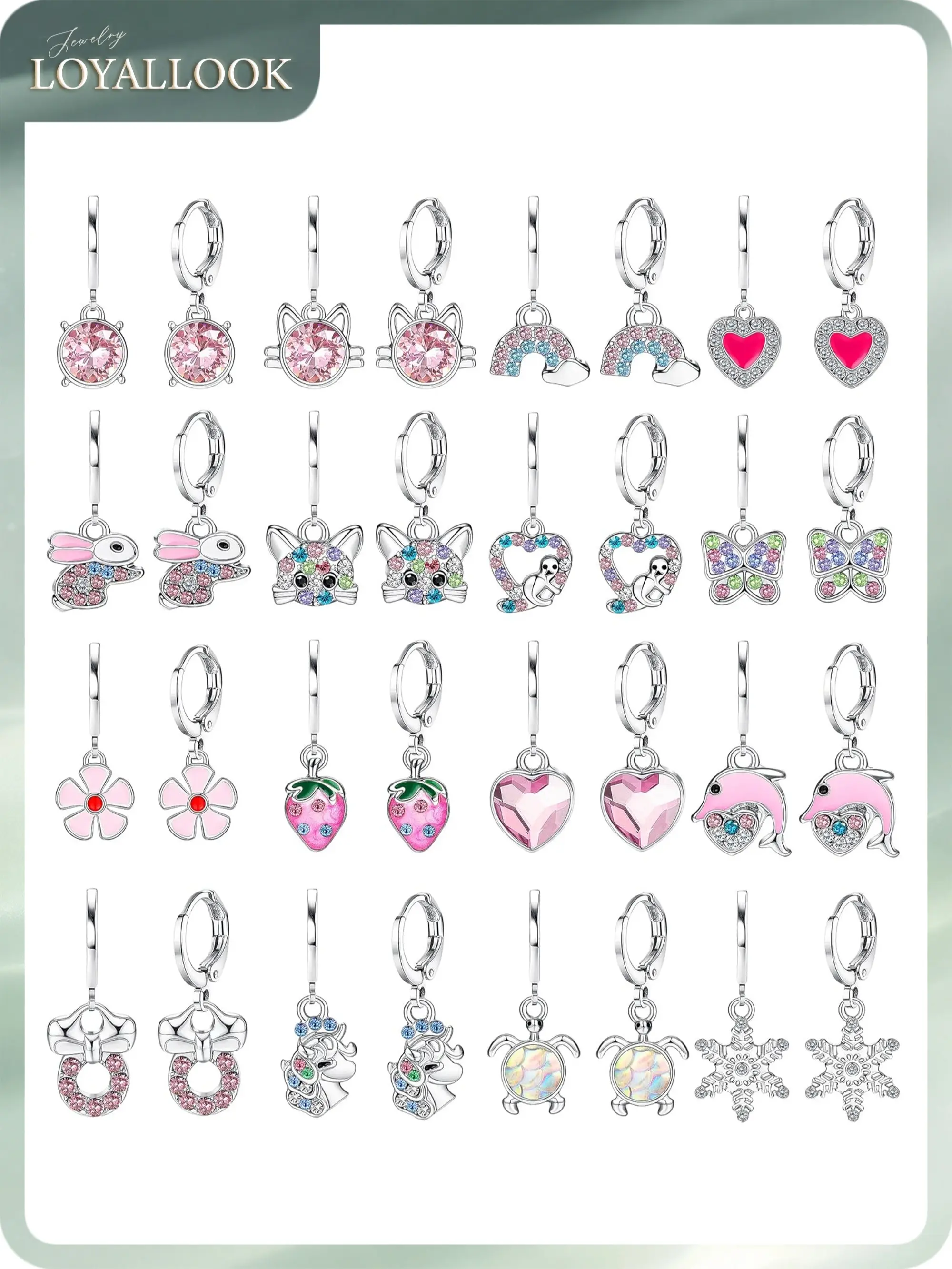 LOYALLOOK 16 Pairs Hypoallergenic Earrings for Girls Women Sensitive Ears Cute Surgical Steel Dangle Huggie Hoop Earings Set with Charm CZ Flower Heart Animal Christmas Gifts