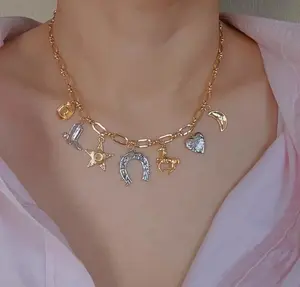 Vintage Western Charm Necklace, Gold Silver Mixed Metal Cowboy Pendant Necklace, Y2K Star Horseshoe Heart Moon Necklace for Women, Chunky Statement Necklace Jewelry Gift, Birthday, Long, Lucky Charms, Chunky Links
