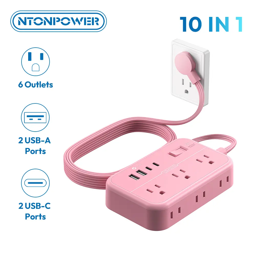 Pink Extension Cord Surge Protector Power Strip with 6 Outlets 4 USB Ports(20W), Flat Extension Cord with Multiple Outlets, 5 ft Flat Plug Outlet Extender for Indoor, Home, Office