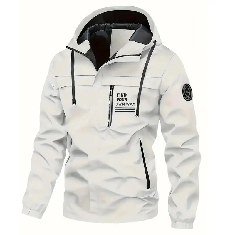 Men's Heavyweight Mountaineering Jacket, a Waterproof and Windproof Hooded Coat with a Removable Brim and Zipper Pockets for Daily Outdoor Wear, Waterproof Windproof Outerwear, Hooded Neck