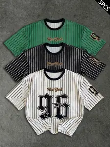Men's Round Neck Striped Classic T-Shirt Set, New York Number 96 Print, Outdoor Vacation Travel Party Streetwear, Comfortable Casual Fashion Short Sleeve
