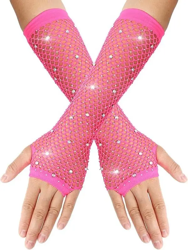 Halloween Fall Gift Long Rhinestone Fingerless Fishnet Gloves Steampunk Punk Fish Net Arm Sleeve 80s Costume Halloween for Women Girls