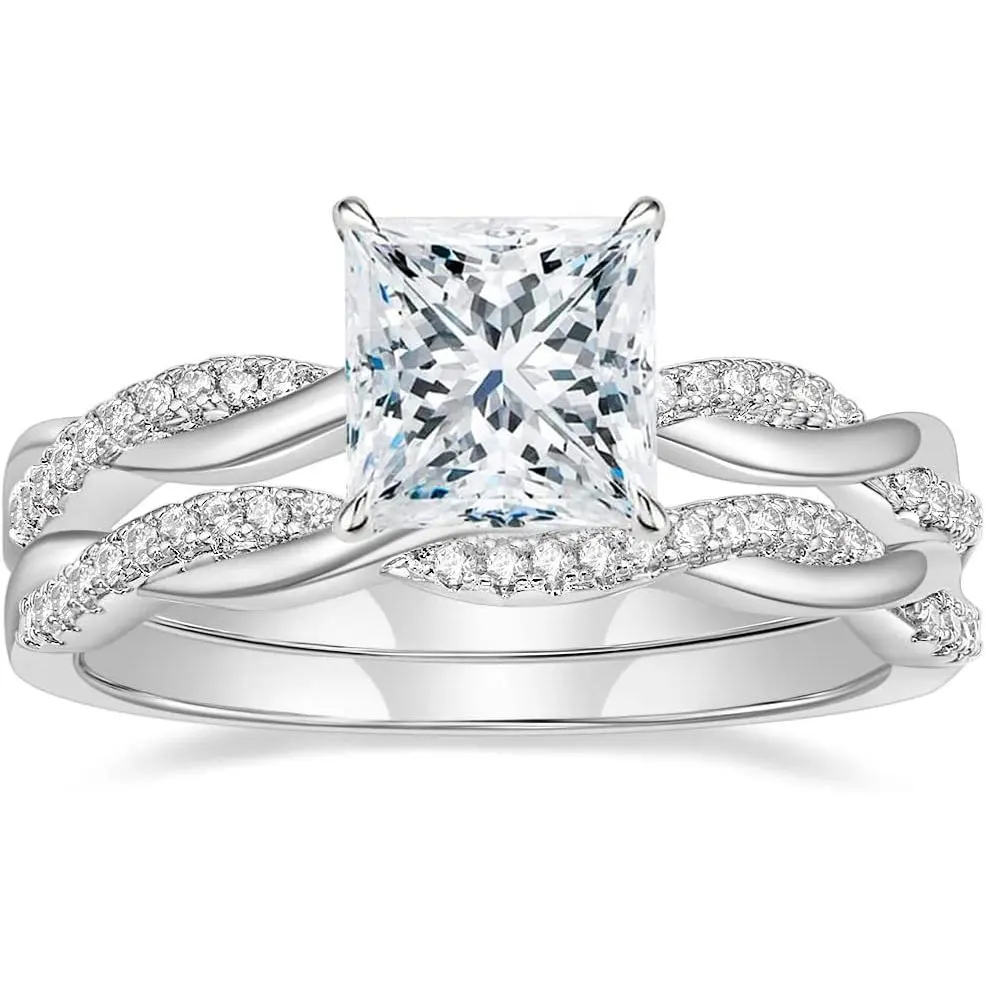 Women's Princess Cut Fashion Engagement Ring Set - 2ct Cubic Zirconia with Twisting Infinity Pave Band, Diamond-Alternative Costume Jewelry, Fashion Engagement Rings