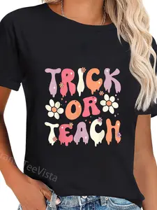100% Cotton Unisex Teacher Halloween Costume Trick or Teach Ghost Groovy 70s T-Shirt Graphic Casual Round Neck Tee