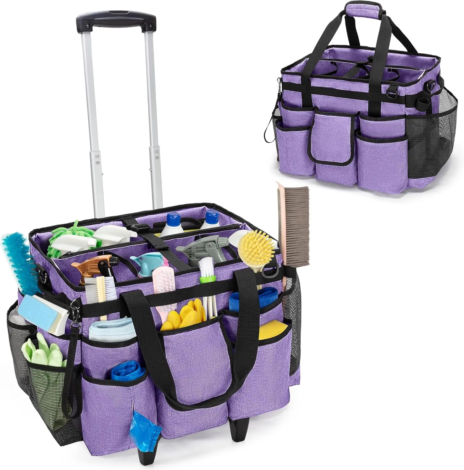 Rolling Cleaning Bag with Detachable Trolley, Professional Cleaning  with  Strap for Housekeepers, Portable Cart on Wheels for Supplies, Purple ( Design)