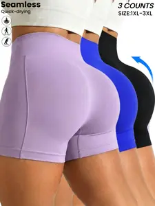 Plus Size Women's Seamless High Waisted Sport Shorts, Ribbed Texture Butt Lifting Comfortable Tight Fit Yoga Workout Shorts,Activewear,All Seasons, Stretchy Seamless Shorts, Tight Fitted Shorts
