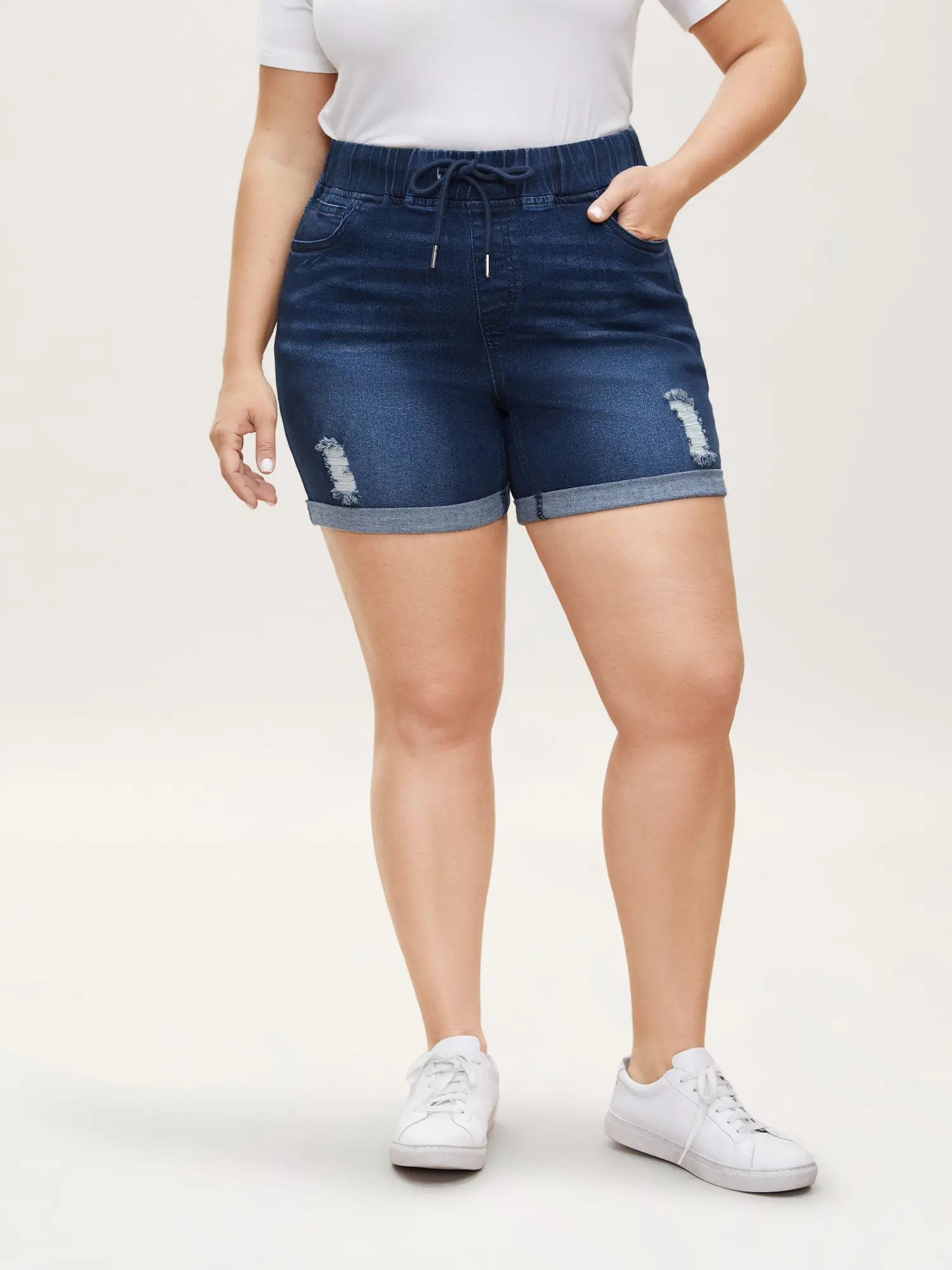 BLOOMCHIC Women's Plus Size Denim Shorts [M-6X] - Distressed, Drawstring Jean Shorts with Roll Hem, Elastic Comfy Waist, Flattering Fit, Pocket, Basic Women's Clothes for Momlife, 2026 Summer Everyday Wear 2026 Summer Vibes Fit Bottom Swimweek