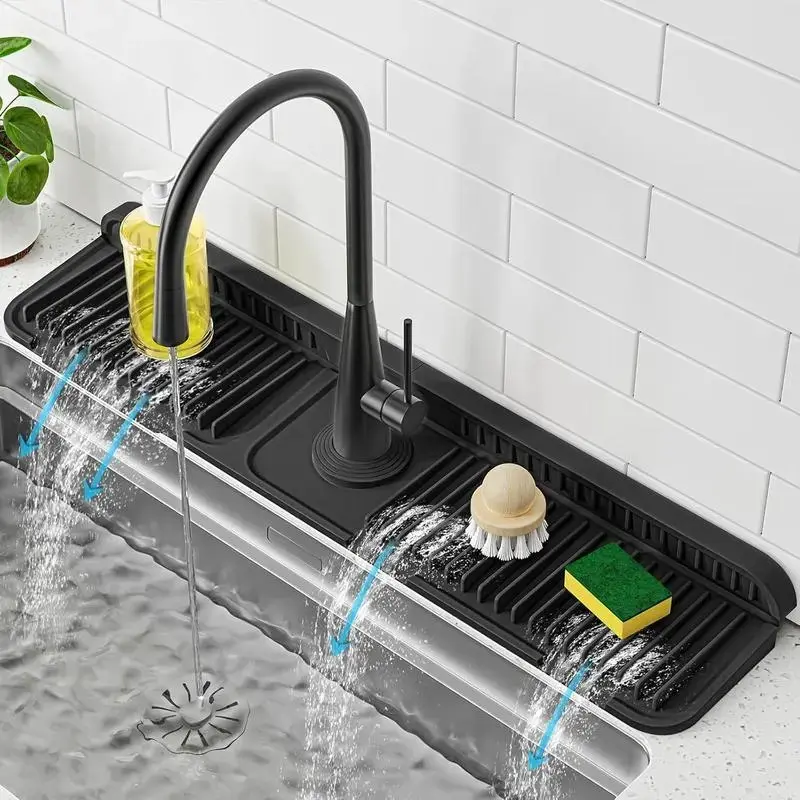 Kitchen Silicone Sink Faucet Mat, Upgraded Faucet Protection Drain Mat Silicone Faucet Handle Drip Collector, New Quick Dry Stone Sink Tray Sink Protector for Kitchen Bathroom Sink Water Splash Guard Splash Proof long button lock