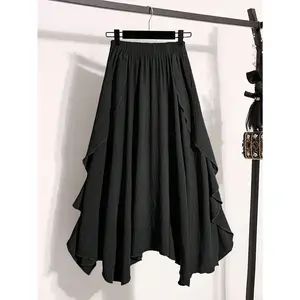 Plus Size Y2K Layered Ruffle Skirt Elastic Waist Asymmetrical Hem Long Skirts Concert Outfits