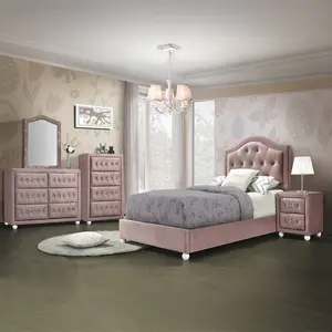 Acme 30820T-4PC 4-Piece Reggie Pink Velvet Fabric Upholstered Crystal Button Tufted Twin Bed Set with Headboard Footboard & Side Panels
