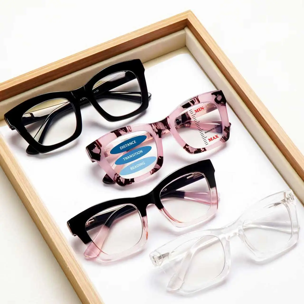 4-Pack Stylish Progressive Multifocal Blue Light Blocking Reading Glasses, designed specifically for women. Features spring hinges and a large, lightweight frame for comfortable wear.Perfect for daily reading and commuting.An ideal holiday gift choice Hig