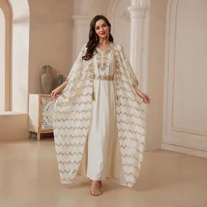 Middle East Muslim New Fashion Women's Luxury Elegant Sequins Loose Daily 2 Pieces Sets Long Sleeve Abaya Inner Dress Female