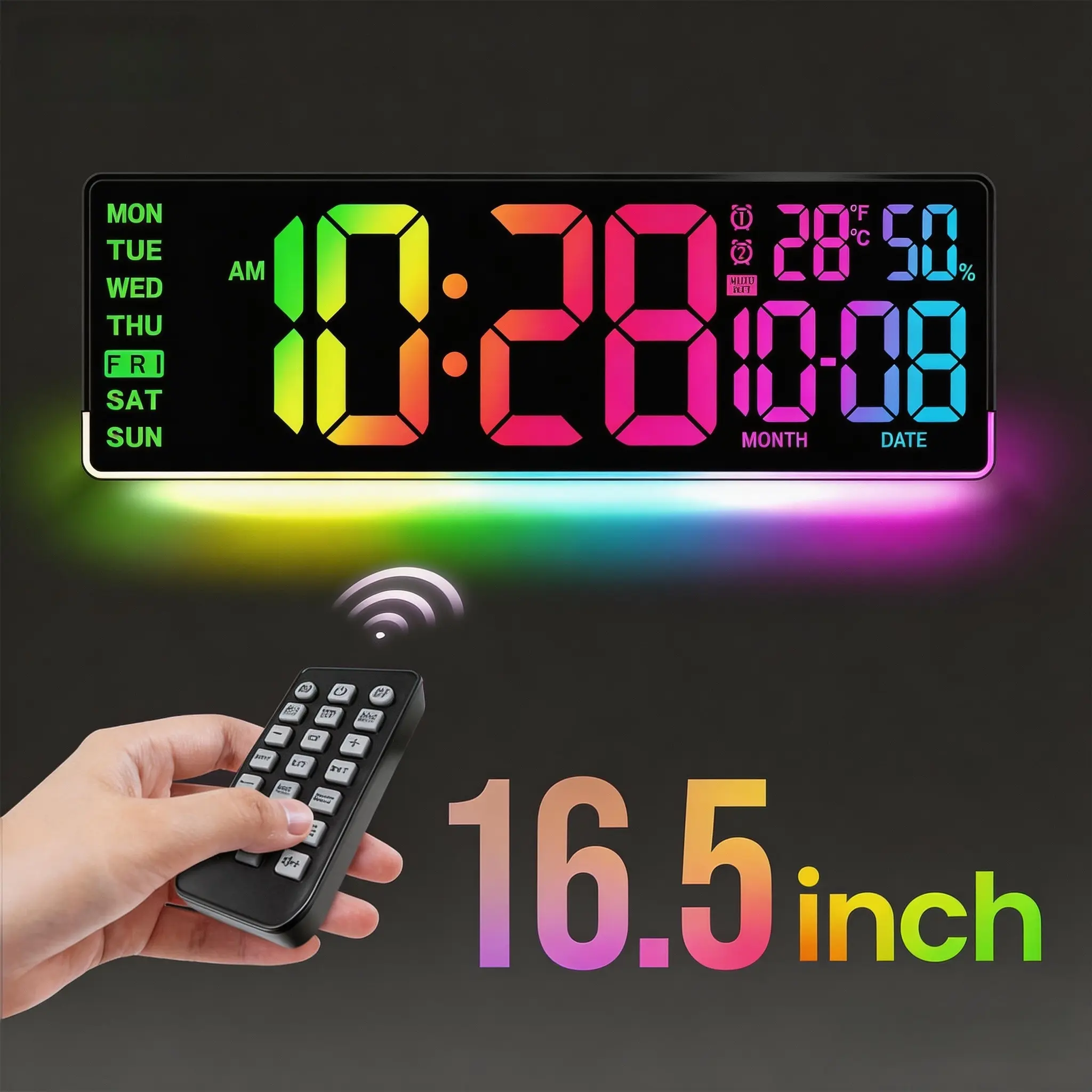 16.5in Large Square Modern Metal Digital Wall Clock with USB Charging, Alarm, Date, Day Display, Temp, Timer, Electric RGB Color-Changing LED Screen, U-Shaped LED Lights, Auto DST, Remote Control, Portable Casual Man Cave Home Decor for Elderly, Remote Ti